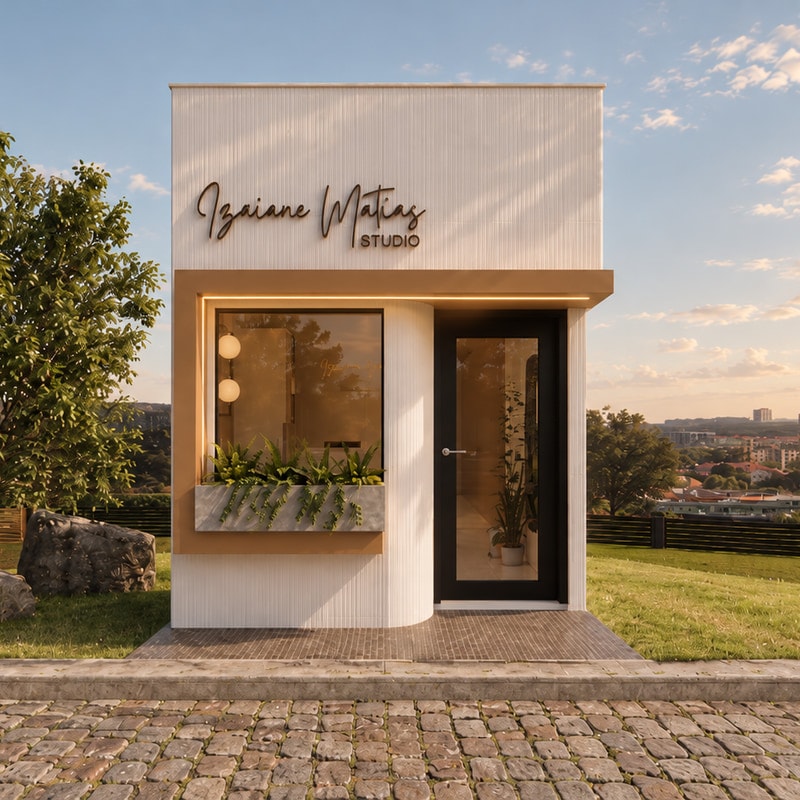 Fachada do Izaiane Matias Studio, com volume branco ripado, marquise em madeira e floreira na vitrine